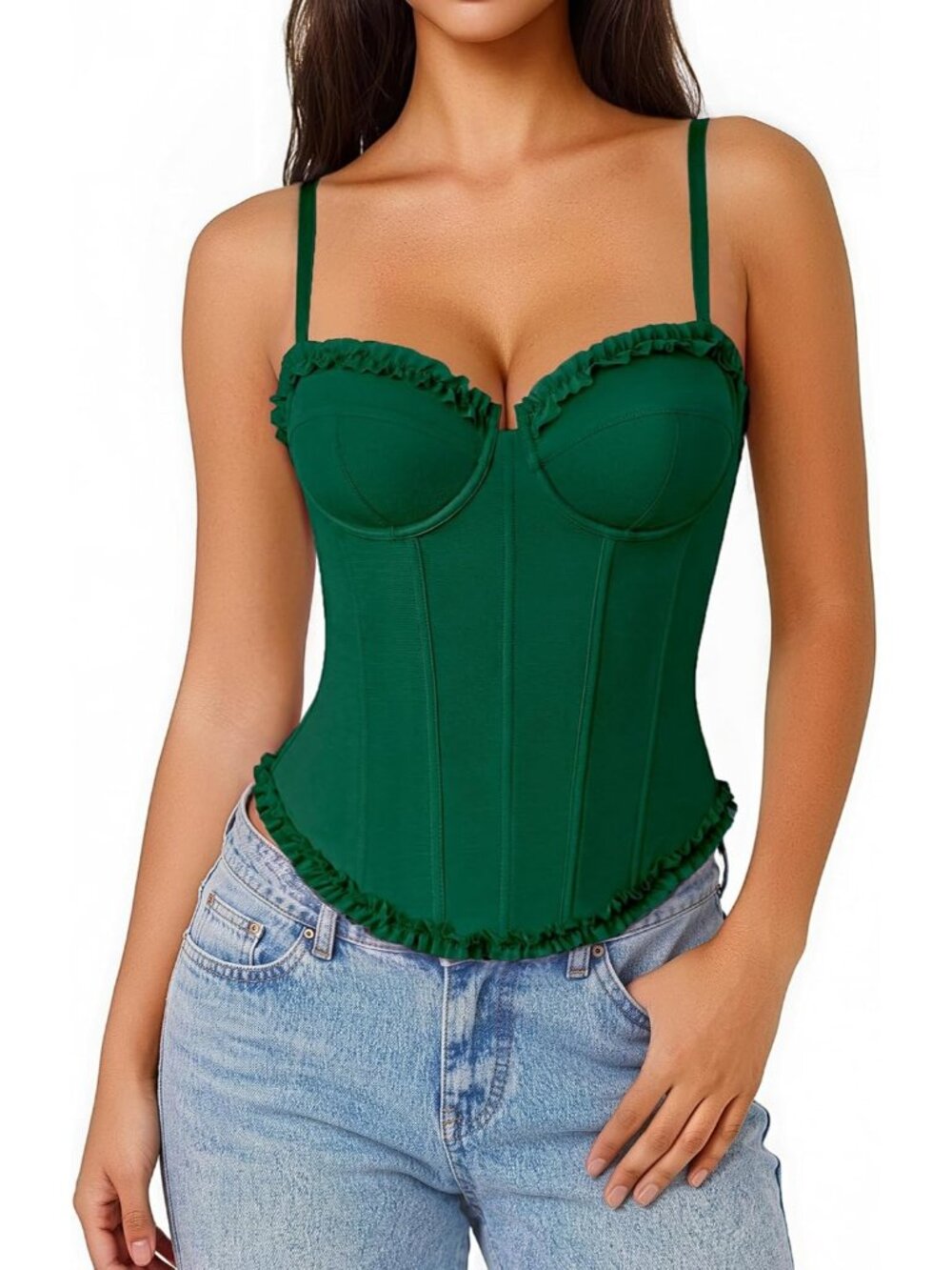 Women's Green Rows Hooks Adjustable Straps V Neck Bustier Underwire Corset Top